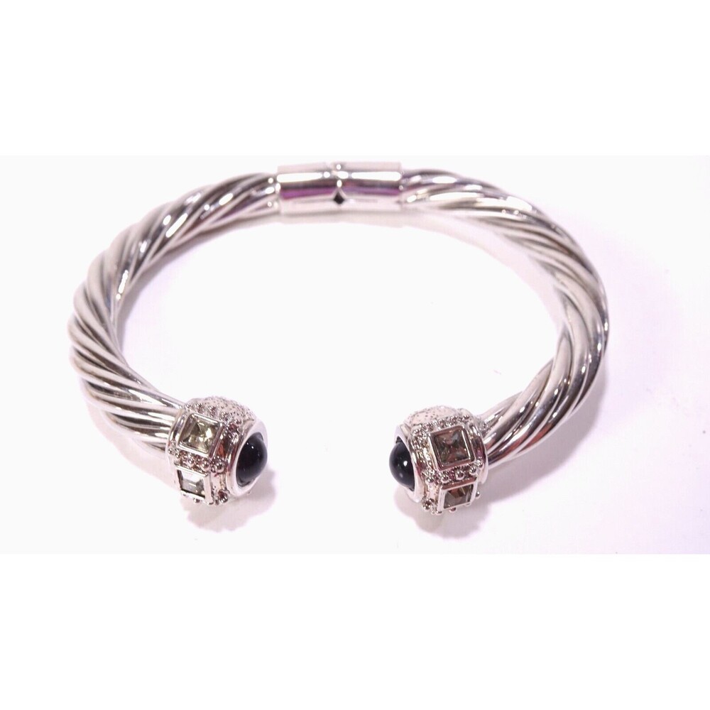 Designer Women's Silver Onxy Ribbon and Rope Crystal Cuff Bracelet NWOT 175